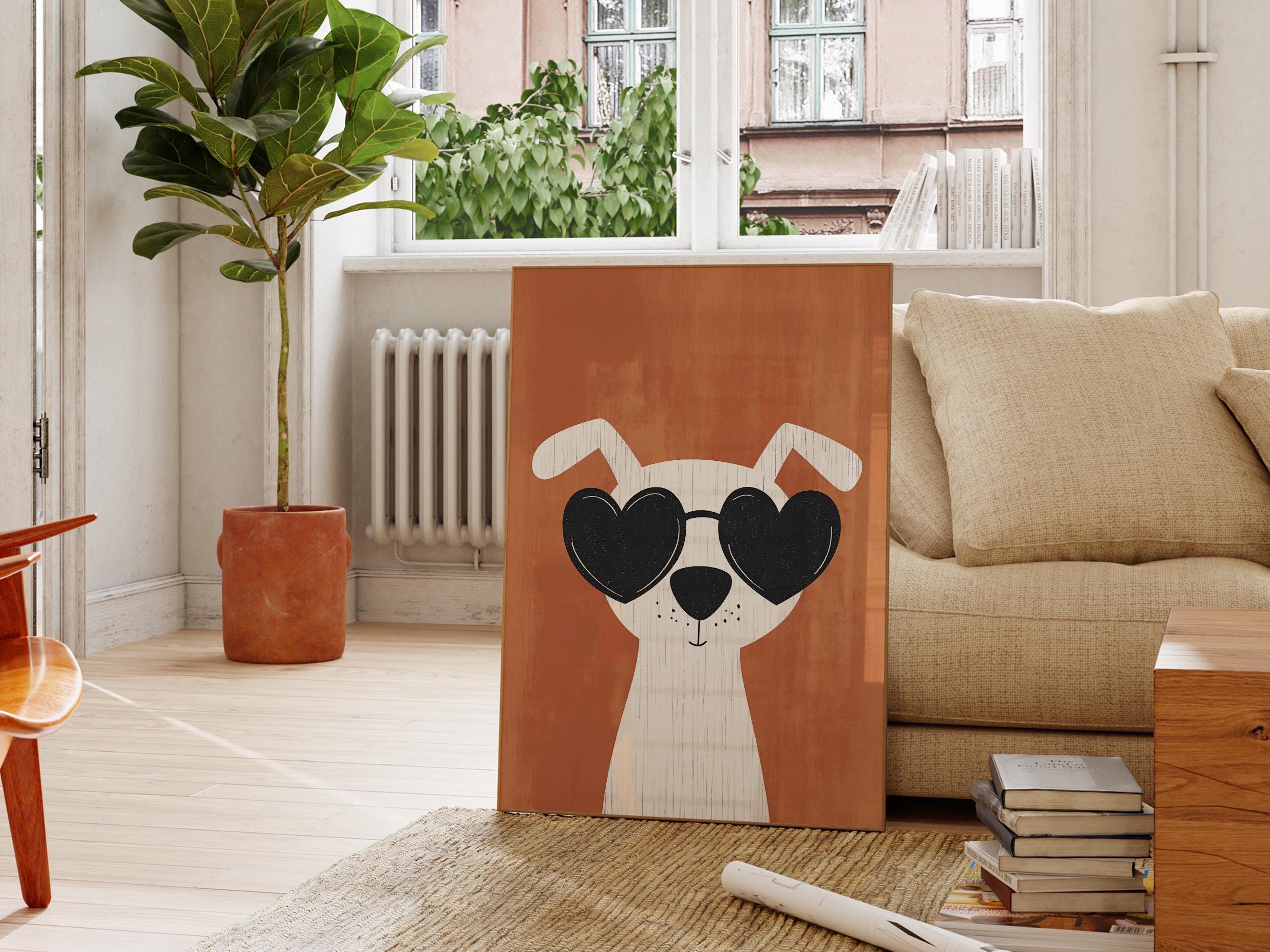 Cool Dogs Nursery Wall Art Print, Kids Room Decor, Heart Sunglasses Dog Digital Download, Modern Cute Animal Poster