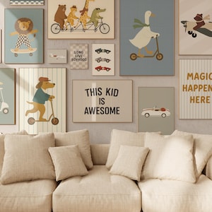 Conjunto de arte de parede com veículos retrô, decoração de quarto infantil, impressões de transporte para berçário, conjunto de pôsteres de carros antigos, download digital, arte para impressão