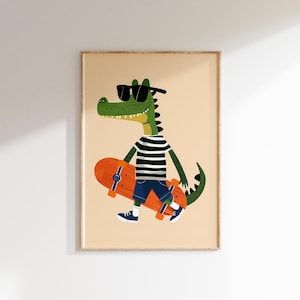 Stampa da parete con coccodrillo e skateboard, stampa animalier per cameretta, poster con coccodrillo per sala giochi, cameretta unisex, decorazioni per cameretta per bambini, cameretta per ragazzi