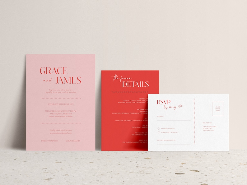Red and Pink Wedding Invitation Bundle Minimalist Wedding - Etsy