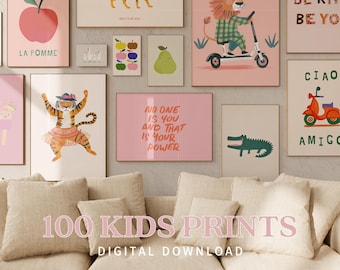 Eclectic Nursery Wall Art Set of 100 Colorful Prints, Kid&#39;s Room Decor Animals, Gender Neutral Playroom Decor, Affirmation Posters Classroom