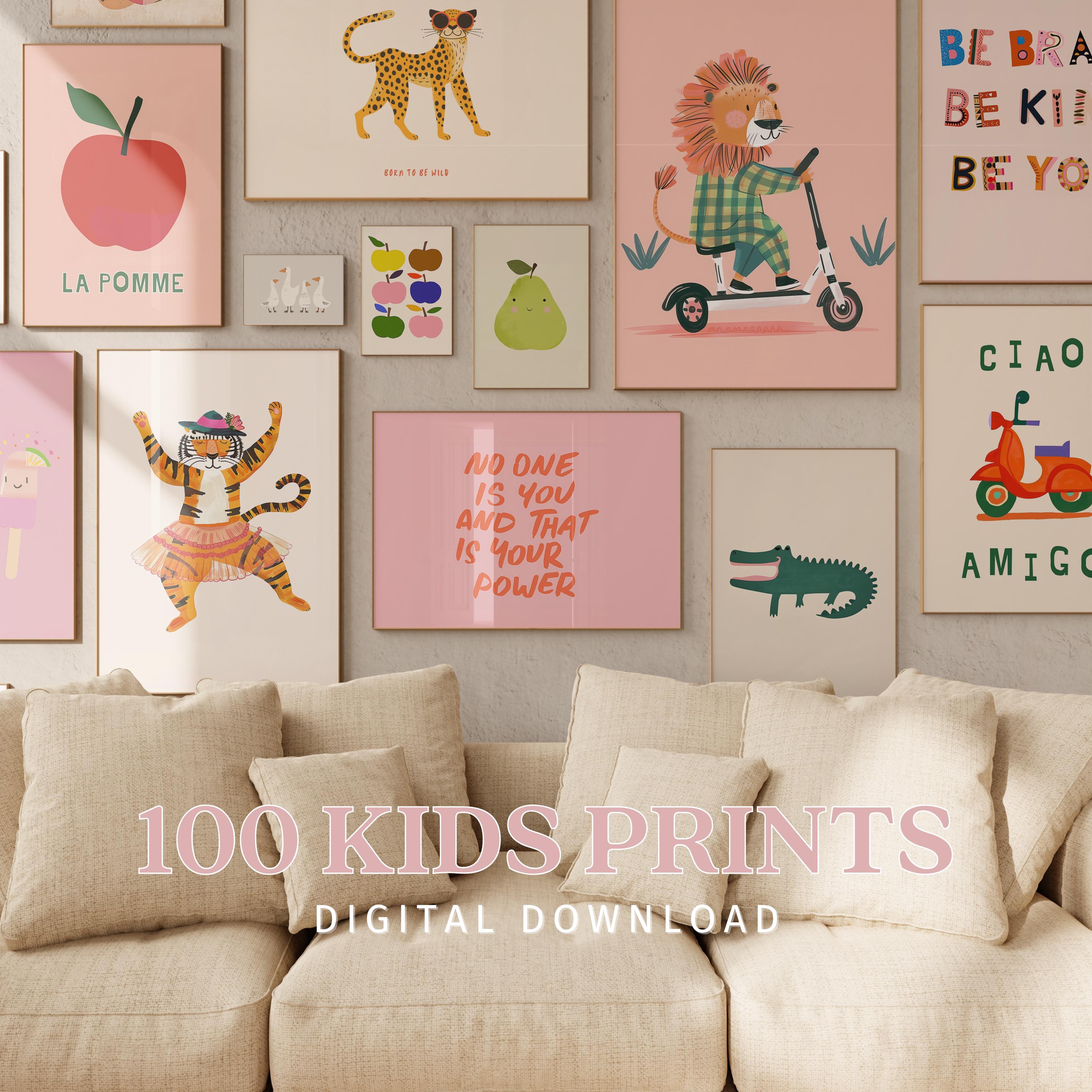 Eclectic Nursery Wall Art Set of 100 Colorful Prints, Kid's Room Decor Animals, Gender Neutral Playroom Decor, Affirmation Posters Classroom