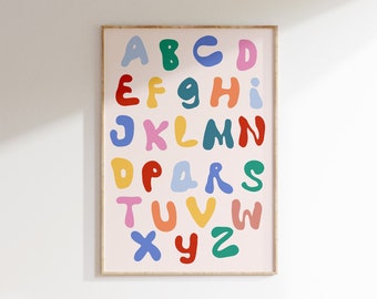 Impresión del alfabeto colorido - Arte mural educativo para niños - Póster del ABC para decoración de guardería - Póster para aula - Impresión ecléctica