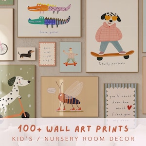 Paquete de arte de pared infantil caprichoso, más de 100 impresiones divertidas para la habitación de los niños, carteles de animales escandinavos, decoración ecléctica para la habitación de los niños, arte moderno para la sala de juegos