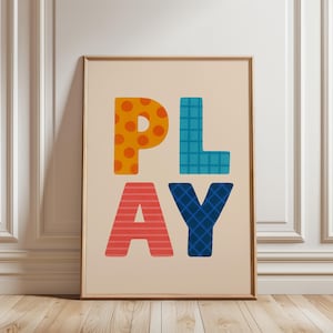 Impresión tipográfica PLAY, arte colorido para habitación infantil, decoración de pared para sala de juegos, tipografía divertida para guardería, arte con letras para niños...