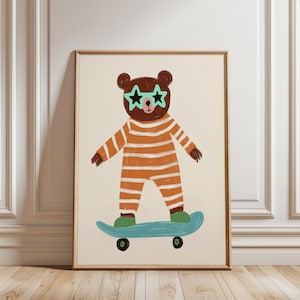 Playful Bear Skateboard Print, Kids Room Decor, Animal Wall Art, Nursery Poster, Cute Animal Illustration, Digital Printable