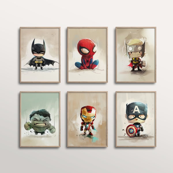 Superhéroe pared arte conjunto de 6 impresiones niños habitación decoración sala de juegos pared arte vivero superhéroe carteles temáticos imprimible descarga digital