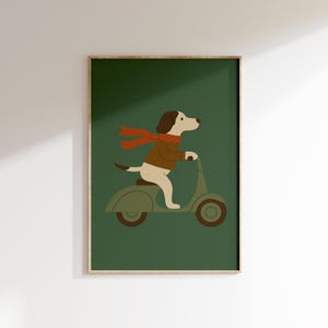 Dog Green Scooter Wall Art Print Digital Download Kids Room Decor Animal Nursery Printable Modern Transport Theme Boys Bedroom Adventure