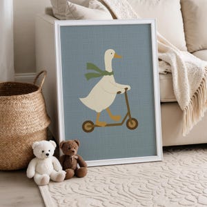 Arte de pared con patinete de pato / Impresión para habitación infantil / Transporte de animales / Descarga digital / Decoración para habitación de bebé / Pato estilo vintage