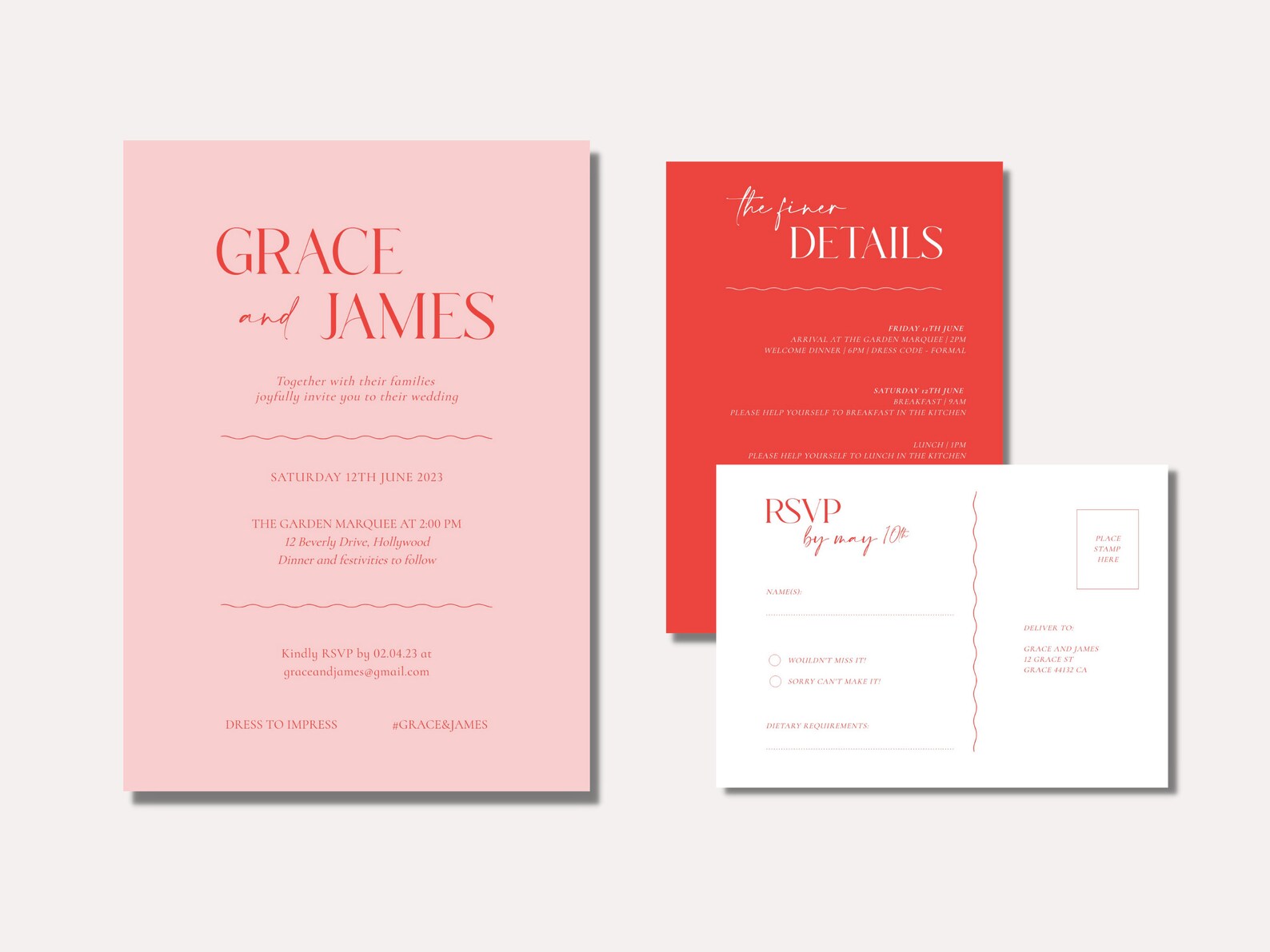 Red and Pink Wedding Invitation Bundle Minimalist Wedding - Etsy