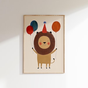 Arte murale del leone di compleanno, stampa di animali per feste, decorazione della cameretta dei bambini, leone per feste, arte della cameretta dei bambini, download digitale, stampa di animali della giungla