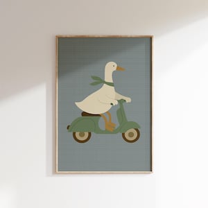 Impresión de Vespa de pato / Arte mural infantil / Decoración infantil / Transporte de animales / Descarga digital / Estilo vintage / Póster de pato