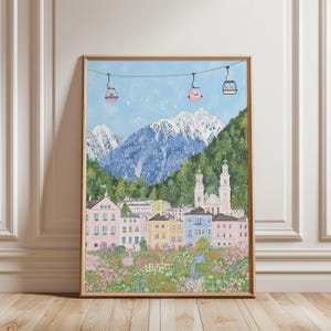 Swiss Alps Gondola Print, Mountain Village Art, Alpine Cable Car, European Winter Scene, Folk Art Digital Download, Ski Resort Poster