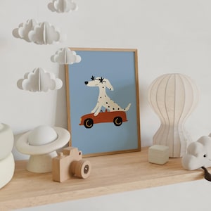 Dalmatische kunst aan de muur, decor kinderkamer, hond rijdende auto print, blauwe dierlijke kunst, kunst aan de muur kinderkamer, peuter kamer poster, digitale download