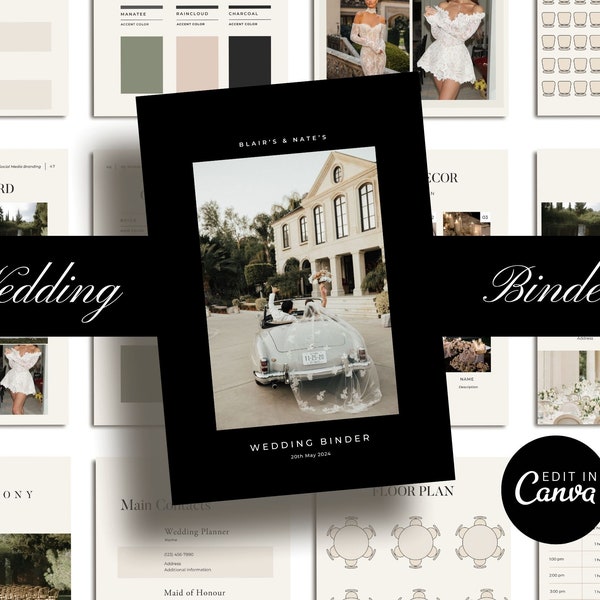 Bewerkbare bruiloft dag bindmiddel sjabloon CANVA, 100 pagina's Wedding Planner bundel, bruiloft checklist, bruiloft reisplan, Instant Download