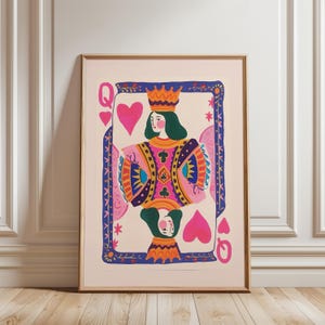 Kleurrijke koningin kaart muurkunst | Maximalistische digitale download | Preppy speelkaartprint | Dopamine feministische kunst | Eigenzinnige kamerinrichting
