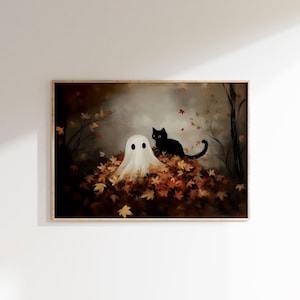 Ghost and Black Cat Autumn Leaves Art, Spooky Halloween Wall Decor, Haunted Fall Scene, Gothic Halloween Print Eerie Autumn Wall Art