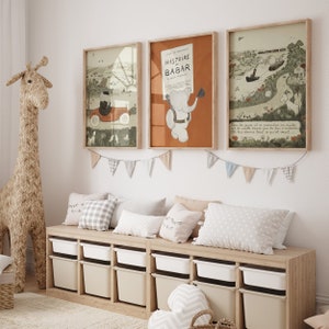 Babar The Elephant Nursery Wall Art Set of 3 Posters, Retro Kids Room Wall Art, Vintage Nursery Prints Kids Book Illustration DIGITAL