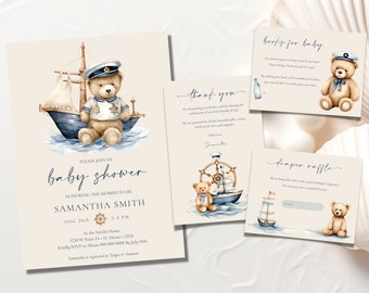 Nautical Baby Shower Invitation Bundle For Boy - Diaper Raffle, Books for Baby, Editable Baby Shower Invite