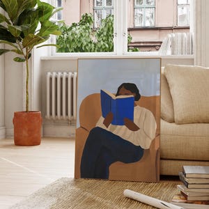 Frau liest Buch Kunstdruck, Maximalist Wand Dekor, Minimalistische Illustration, Preppy Raum Dekor, Funky moderne Kunst Zeitgenössisch