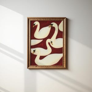 Elegant Swan Wall Art Print, Modern Burgundy White Digital Download, Bird Pattern Poster, Contemporary Living Room Lake House Decor