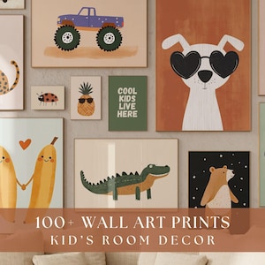 100+ Stampe artistiche da parete per bambini moderne, decorazioni per la cameretta dei bambini, pareti della galleria della sala giochi, stampe di animali di genere neutro, download digitale di auto di dinosauri