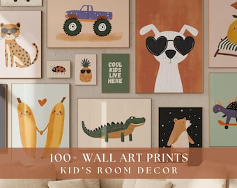 100+ moderne Kinder Wand Kunst Drucke Bundle, Kinderzimmer Dekor, Spielzimmer, Galerie Wand, geschlechtsneutrale Tier Drucke, Dinosaurier Autos digitaler Download