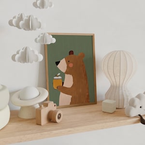 Honigbär, Wandbild, Kinderzimmer Dekor, Kinderzimmer Tierdruck, Bär mit Honig Poster, Grünes Kunst, Kleinkind Zimmer Wand Kunst, Digital