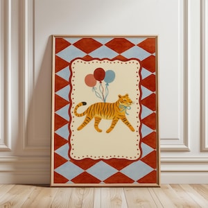 Tiger Nursery Wall Art, Baby Room Circus Print, Whimsical Animal Poster with Balloons, Kids Room Decor Printable, Download Art
