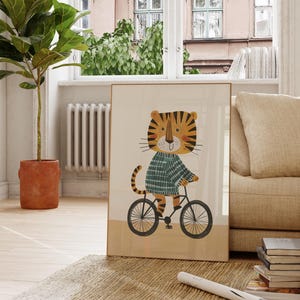 Poster con tigre carina in bicicletta, decorazione da parete per cameretta, decorazione per cameretta dei bambini, stampa artistica con animali, decorazione per sala giochi, tigre in bicicletta