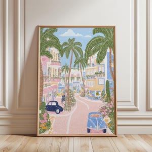 Impression d&#39;art mural South Beach Miami, téléchargement numérique art déco rétro, affiche voitures palmiers vintage, décoration d&#39;intérieur côtière tropicale