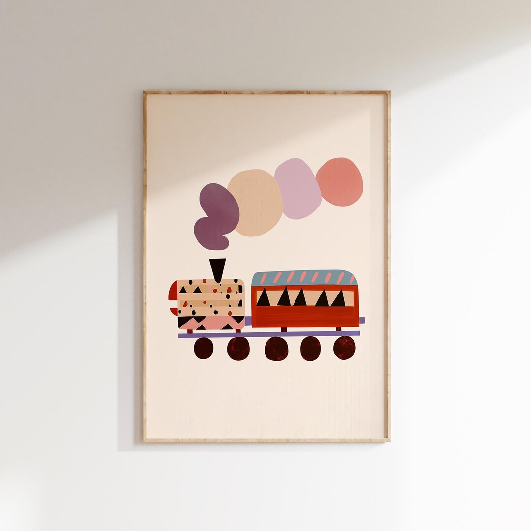 Geometric Train Wall Art, Modern Kids Room Decor, Pink Red Abstract ...