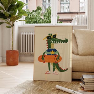 Impresión de monopatín de cocodrilo Be Cool / Arte de pared para habitación infantil / Decoración ecléctica de animales para guardería / Impresiones coloridas para sala de juegos