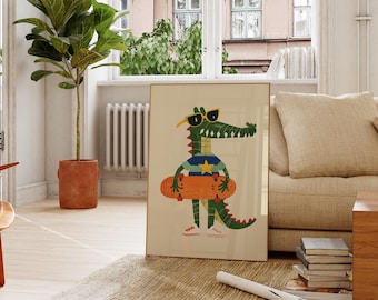 Be Cool Krokodil Skateboard Druck | Kinderzimmer Wand Kunst | Eklektische Tier Kinderzimmer Dekor | Bunte Drucke