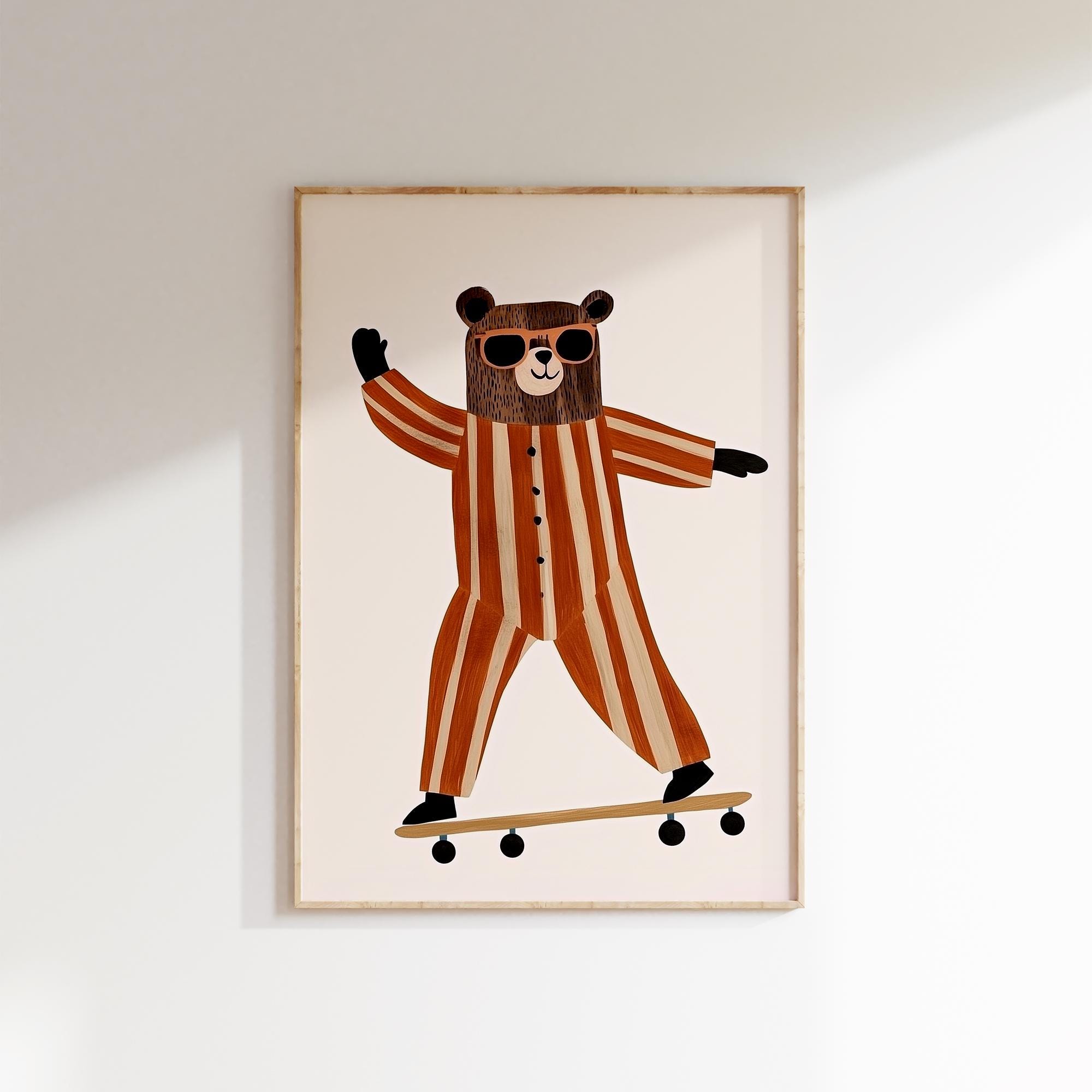 Skateboarding Bär Kinderzimmer Wandkunst, origineller Tierdruck für Kinderzimmer, verspieltes Kinderdekor, druckbare Kunst, digitaler Download