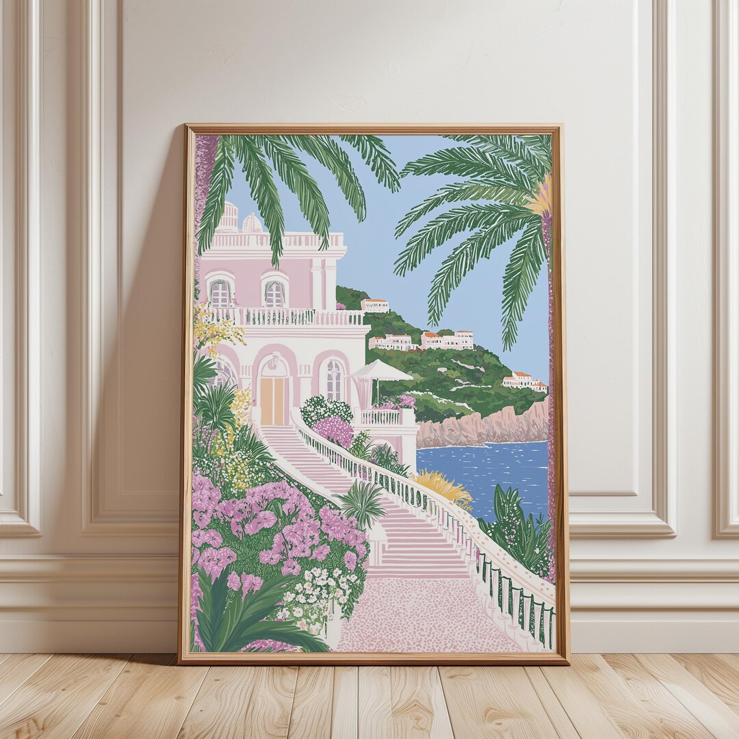 Pink Mediterranean Villa Wall Art Print, Coastal Garden Digital ...
