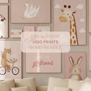 Girl’s Room Wall Art Bundle, Over 100 Prints, Boho Nursery Wall Art, Pink Girl’s Bedroom Decor, Digital Download Kid&#39;s Room Prints