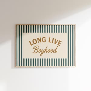 Long Live Boyhood Print, Retro Typography Wall Art, Boys Room Decor, Striped Kids Poster, Playroom Quote Print, Sporty Nursery Sign