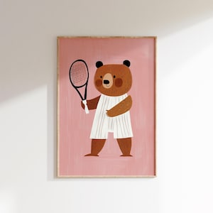 Tennis Bear Print | Sports Nursery Decor | Pink Wall Art | Modern Kids Room | Whimsical Animal | Boho Digital Download | Bear Art