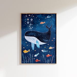 Lámina de ballena y pez: decoración submarina para habitación infantil, arte mural para habitación infantil, imprimible con temática oceánica, arte marino, decoración náutica para habitación infantil.
