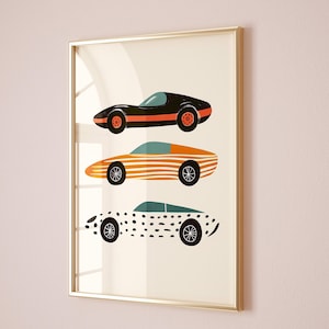 Funky Car Wandkunst, Jungenzimmer zum Ausdrucken, Kinder Spielzimmer Poster, Kinderzimmer Transportmittel, Buntes Auto-Dekor