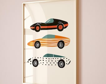 Funky Car Wall Art, Boys Room Printable, Kids Playroom Poster, Nursery Transportation Art, Colorful Car Decor