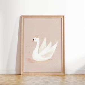 Elegante decorazione murale con cigno, decorazione rosa per la cameretta delle bambine, stampa per cameretta dei bambini, poster con cigno principessa, arte con animali stravaganti, decorazione murale per la cameretta delle bambine