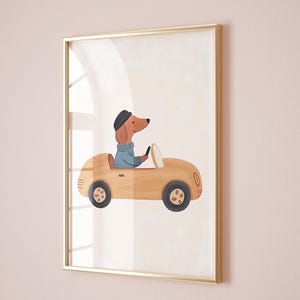 Bassotto cane guida auto arte murale, stampa auto per cameretta, decorazione per cameretta bambini, poster animali, arte per cameretta ragazzi, stampabile per sala giochi, regalo per amanti dei cani