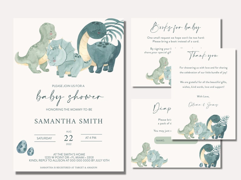 Dinosaur Baby Shower Invitation Bundle, Digital File, Editable ...