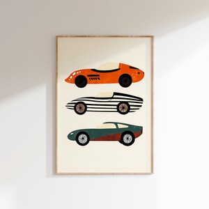 Decorazione murale con auto da corsa, stampabile per la cameretta dei bambini, decorazione per la cameretta dei ragazzi, arte sui trasporti, decorazione per la sala giochi, regalo per gli amanti delle auto