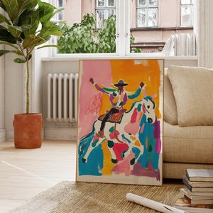 Cowboy Print, Eclectic Western Wall Art Rodeo Horseback Riding Print Abstract Cowboy Wall Art Wild West Home Decor Printable