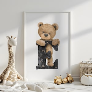 Impression numérique personnalisée lettre ours en peluche - art mural personnalisé pour chambre d'enfant