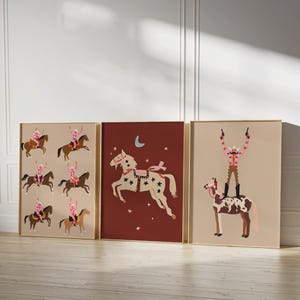 Western Wall Art Set of 3 | Cowboy Horse Prints | Folk Art Collection | Rodeo Decor | Burgundy Beige | Kids Room Art | Digital Download