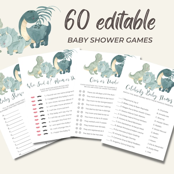 Baby Shower Game Bundle Download - 60 editable Baby Shower games - Dinosaur Theme Baby Shower - Printable Baby Party Games